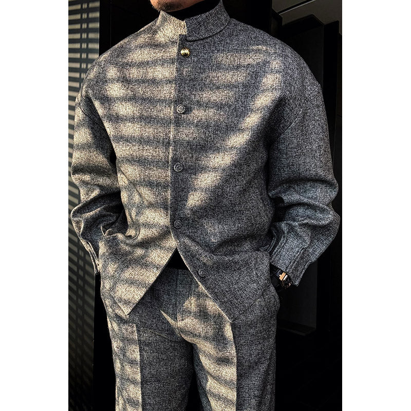 Men's Mandarin Collar Tweed Overshirt Jacket