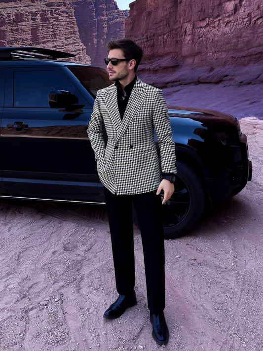 Houndstooth Double-Breasted Wool-Blend Blazer