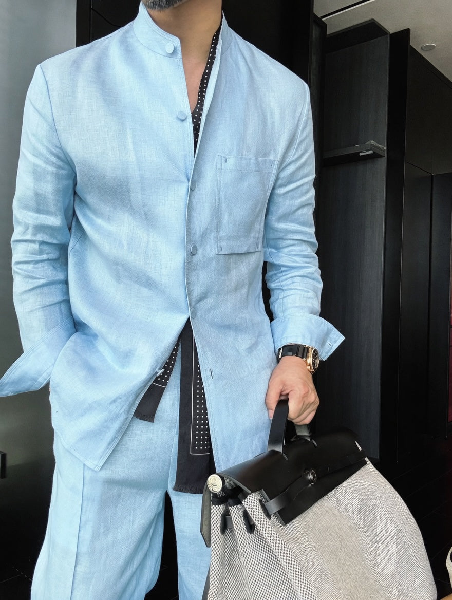 Premium Linen Mandarin Collar 2-Piece Suit