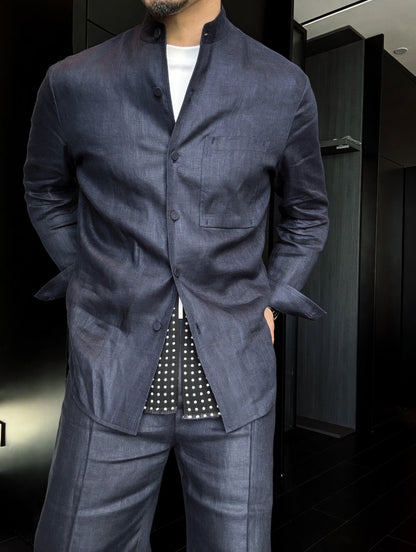 Premium Linen Mandarin Collar 2-Piece Suit