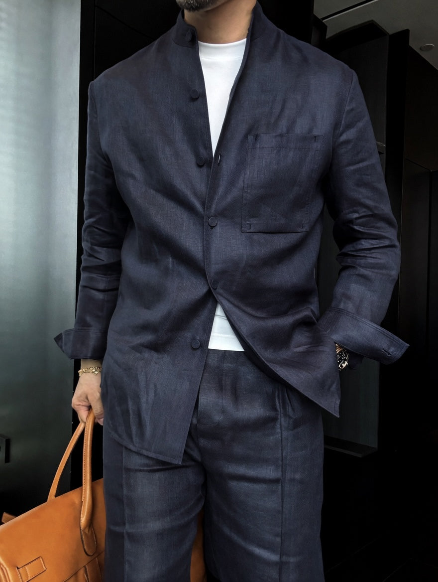 Premium Linen Mandarin Collar 2-Piece Suit