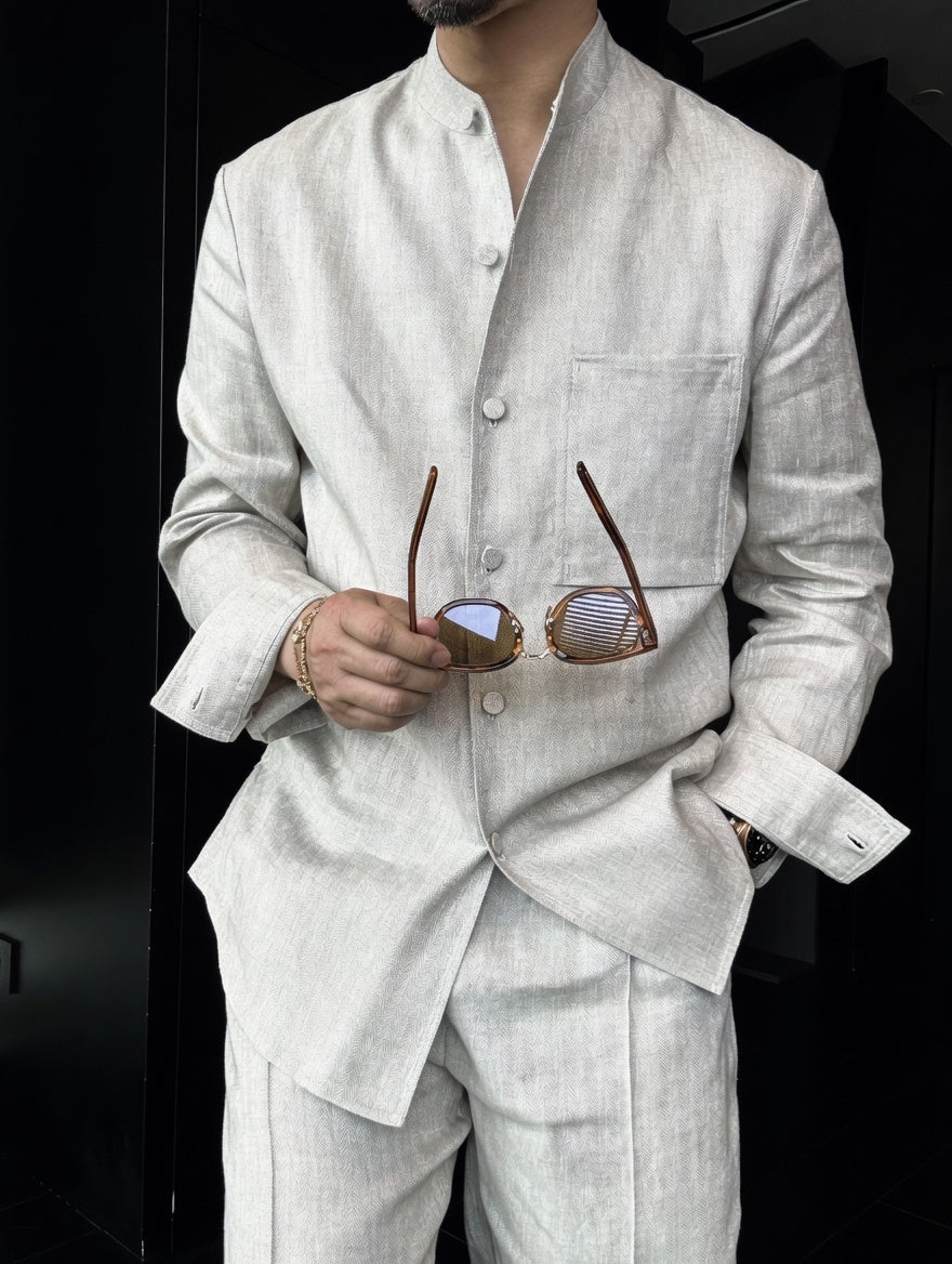 Premium Linen Mandarin Collar 2-Piece Suit