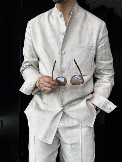 Premium Linen Mandarin Collar 2-Piece Suit