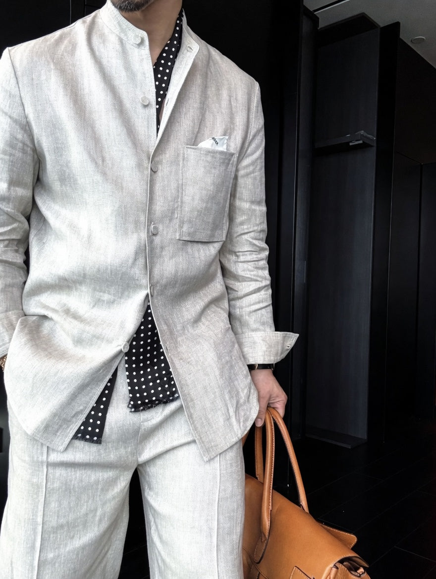 Premium Linen Mandarin Collar 2-Piece Suit