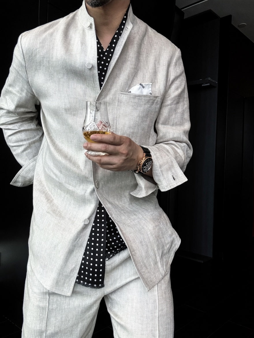 Premium Linen Mandarin Collar 2-Piece Suit