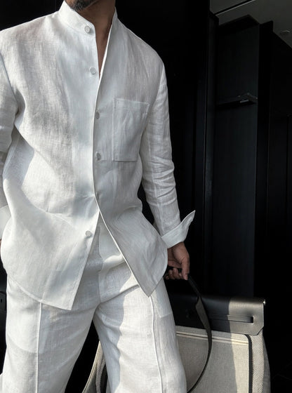 Premium Linen Mandarin Collar 2-Piece Suit