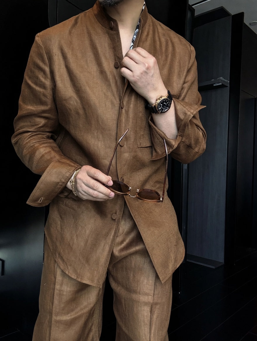Premium Linen Mandarin Collar 2-Piece Suit