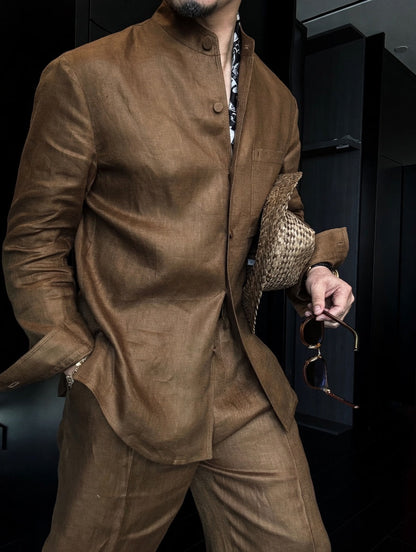 Premium Linen Mandarin Collar 2-Piece Suit