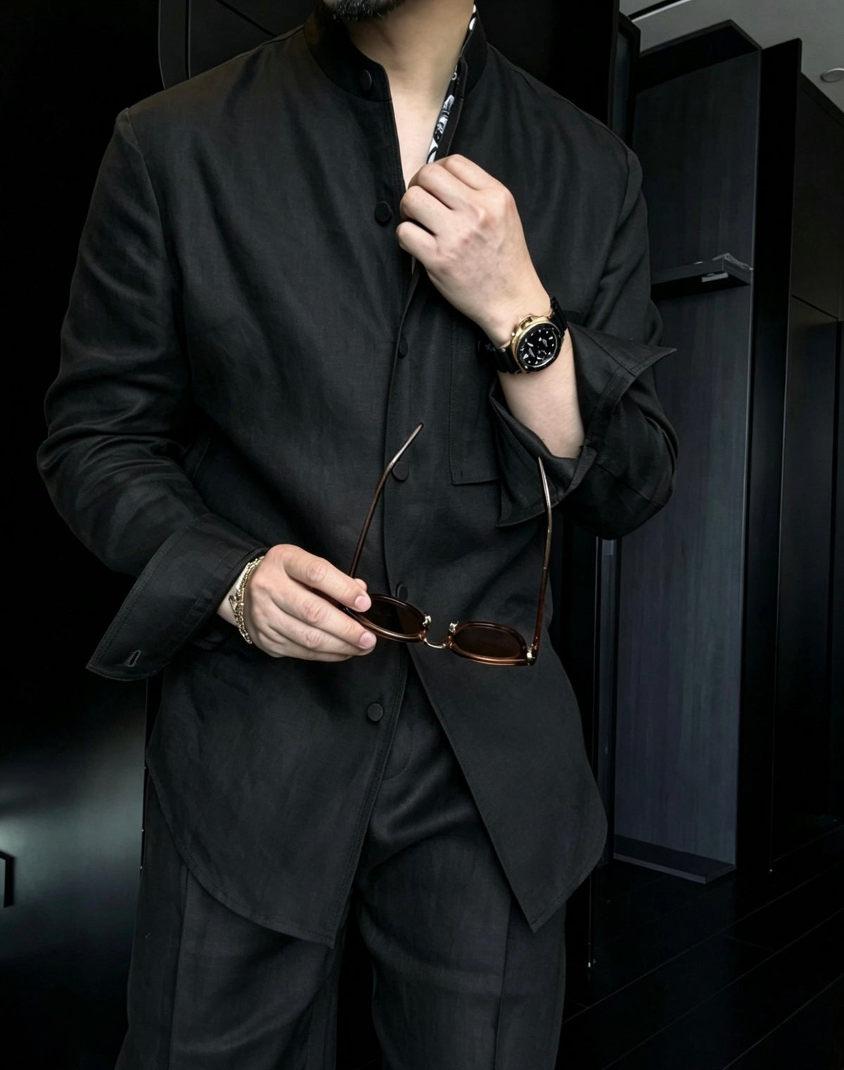 Premium Linen Mandarin Collar 2-Piece Suit