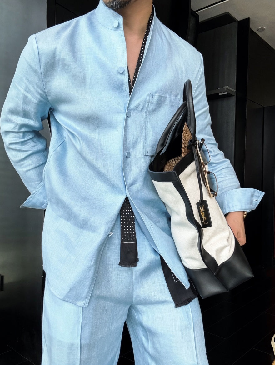Premium Linen Mandarin Collar 2-Piece Suit
