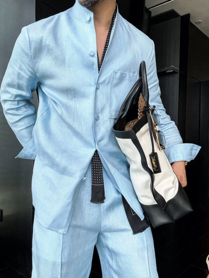 Premium Linen Mandarin Collar 2-Piece Suit