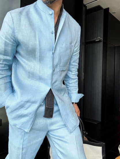 Premium Linen Mandarin Collar 2-Piece Suit