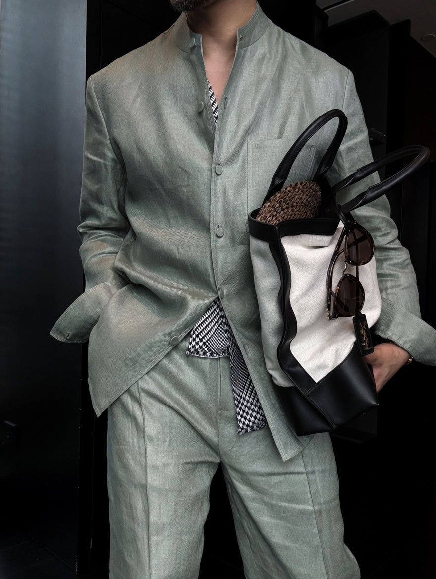 Premium Linen Mandarin Collar 2-Piece Suit