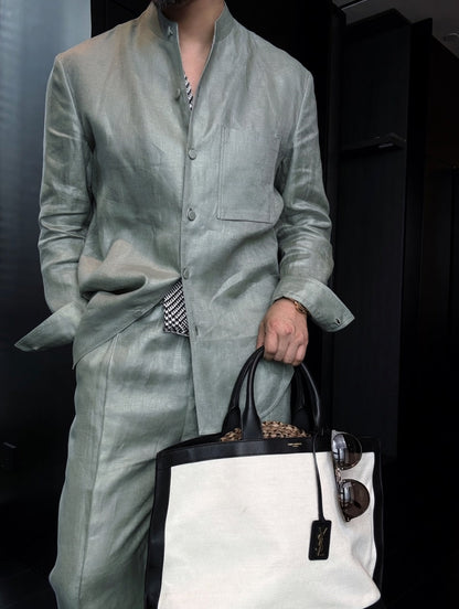 Premium Linen Mandarin Collar 2-Piece Suit