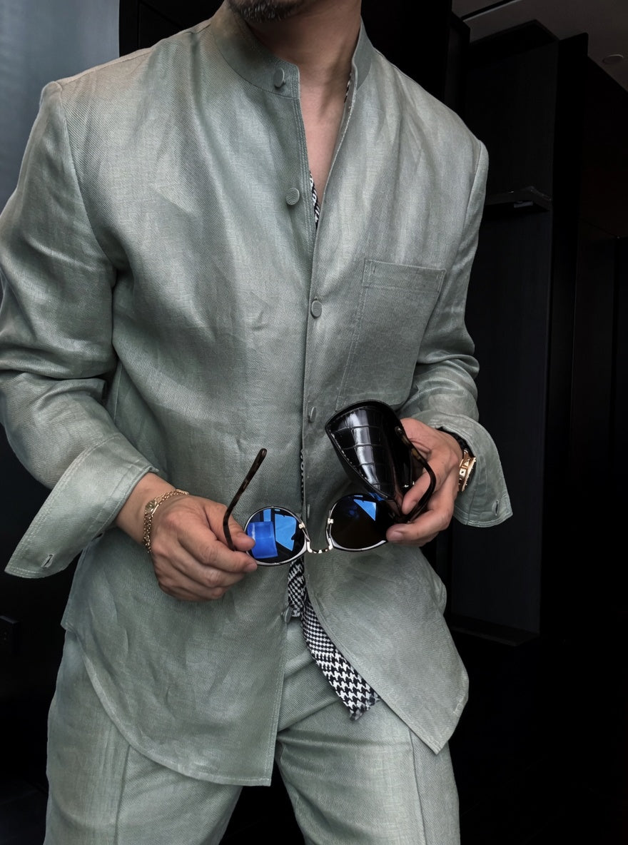 Premium Linen Mandarin Collar 2-Piece Suit
