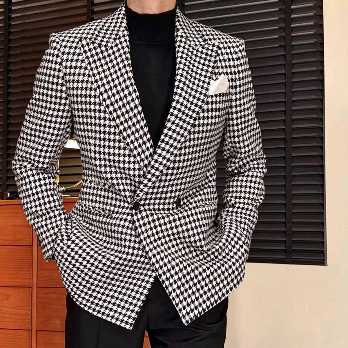 Houndstooth Double-Breasted Wool-Blend Blazer