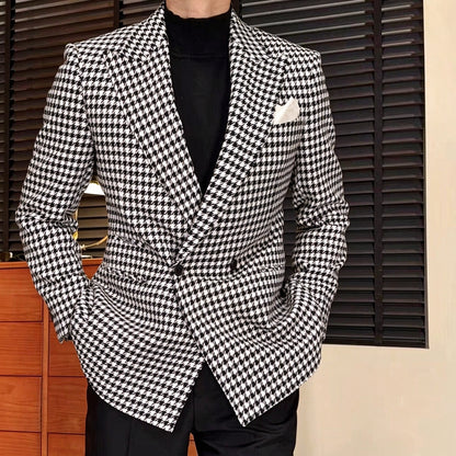 Houndstooth Double-Breasted Wool-Blend Blazer
