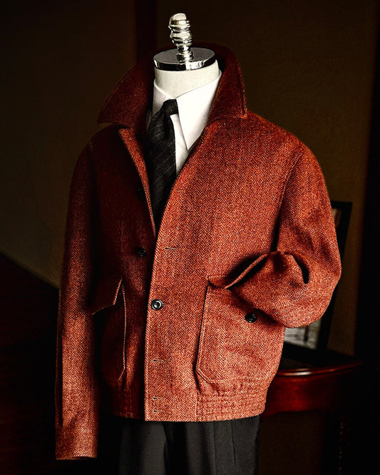 Men's 100% Wool A2 Bomber Jacket - Italian Handmade Herringbone Tweed Jacket