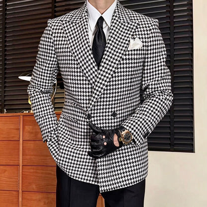 Houndstooth Double-Breasted Wool-Blend Blazer